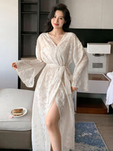 Bell Sleeve Long Nightdress  Jacquard Ribbed Collar Womens Lingerie